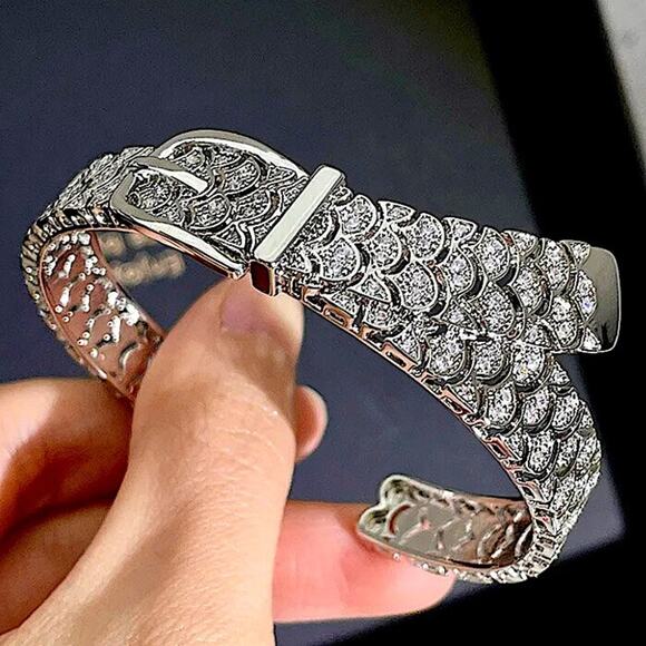 Sterling Silver Buckle Bangle Bracelet, Zircon Cuff Belt Buckle, Minimalist - Picture 3 of 10